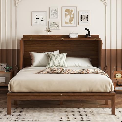 Queen Murphy Bed Cabinet with Charging Station & Rattan Design – Wall Bed with Large Storage Drawer, Foldable Platform Bed – Pine Wood Construction, Walnut L94620