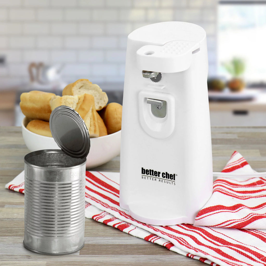 White Electric Can Opener with Knife Sharpener and Bottle Opener I6146