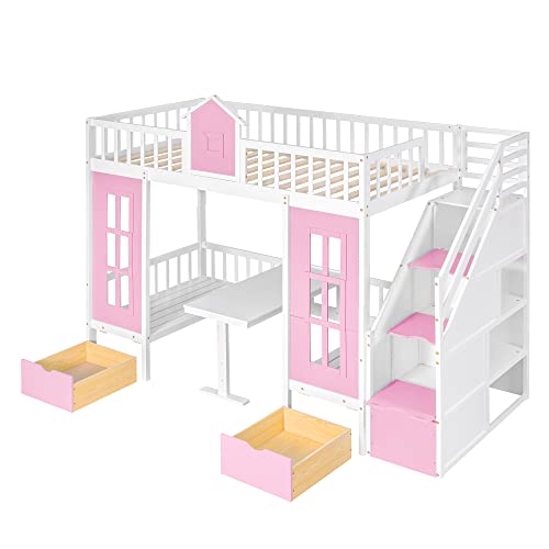 Pink Twin-Over-Twin Bunk Bed with Slide, 2 Drawers, 3 Shelves, Solid Wood A1533