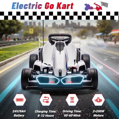 24V 9AH Electric Go Kart with Adjustable Seat, 7.5 MPH Drift Kart, 2 * 200W Motors, Grey P8267