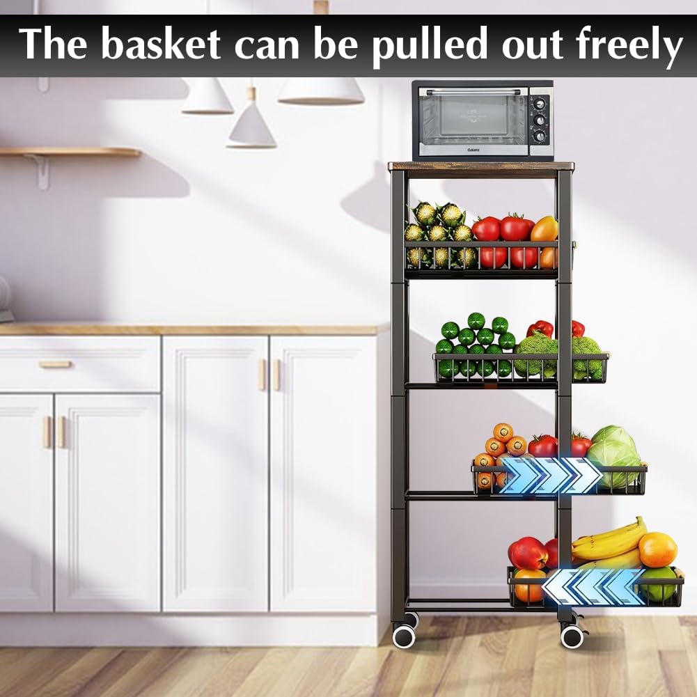 5 Tier Wire Basket with Wood Top and Wheels I273016