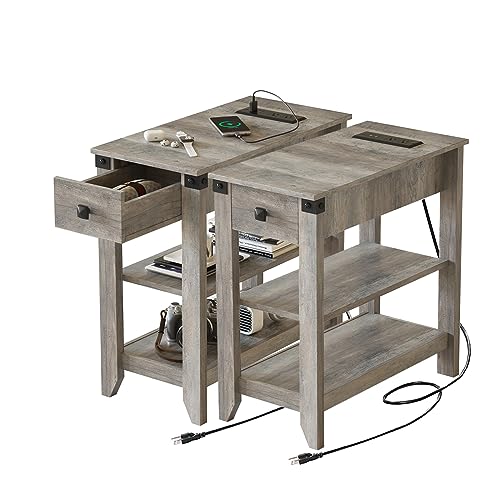 Set of 2 Narrow Side Table with Charging Station and Storage Drawer Rustic Grey B105
