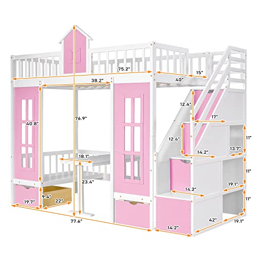 Pink Twin-Over-Twin Bunk Bed with Slide, 2 Drawers, 3 Shelves, Solid Wood A1533