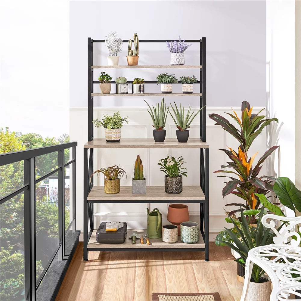 5-Tier Industrial Wood Baker’s Rack Storage Shelf, Gray Y443