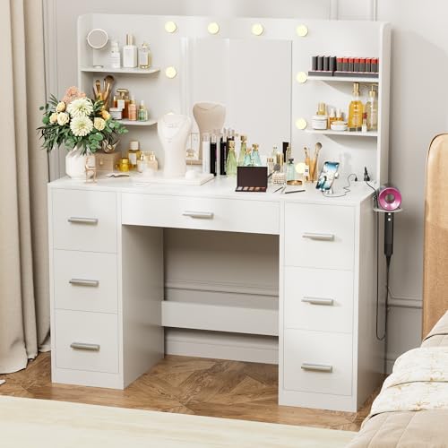 White Vanity Desk with LED Lighted Mirror and 7 Drawers P881489