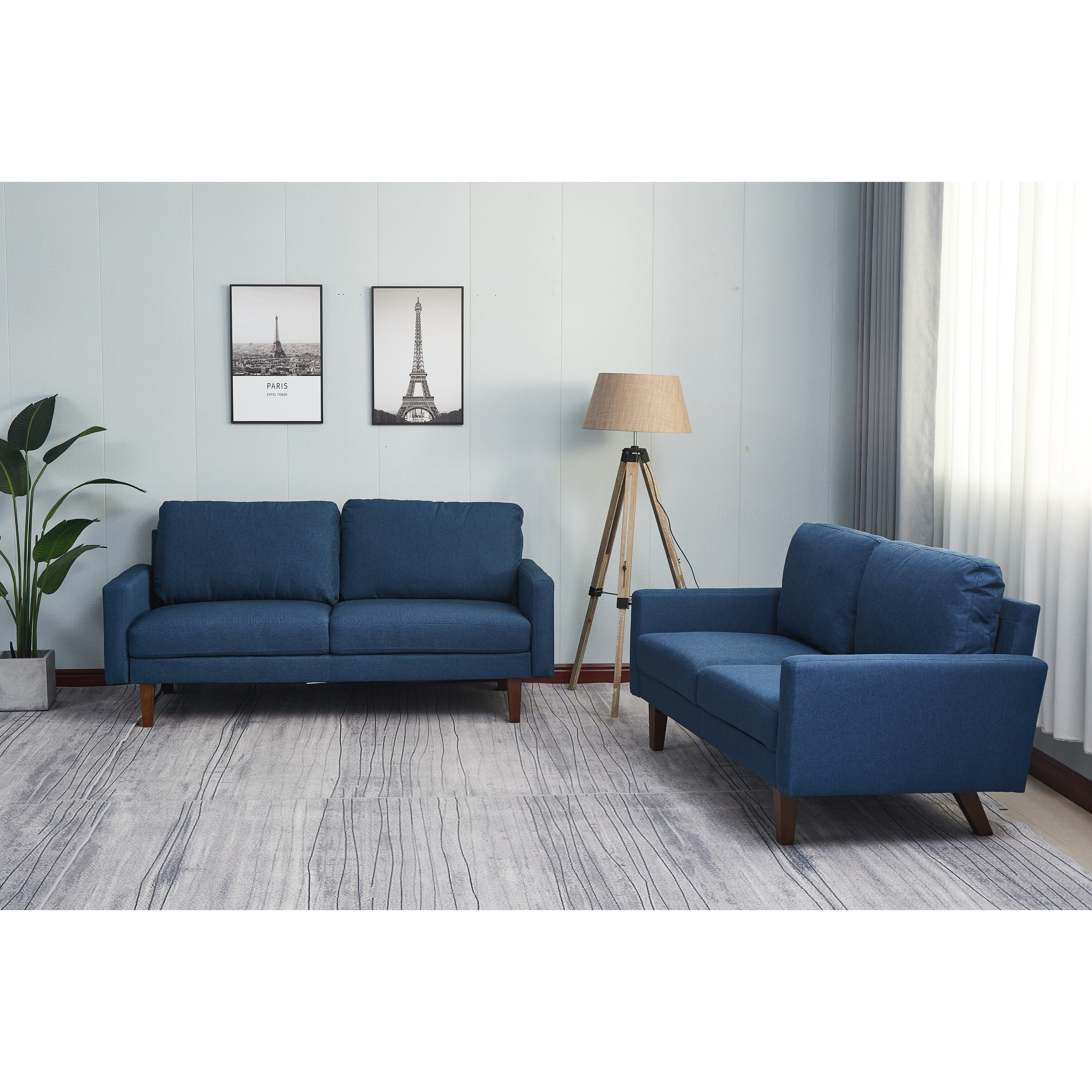 Dark Blue Linen 2 Piece Loveseat and Sofa Set A6432
