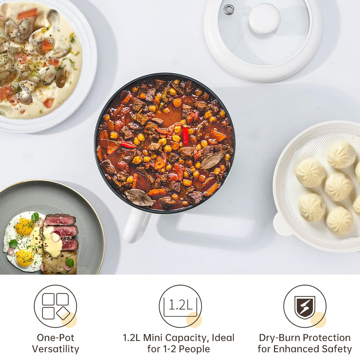 White Electric Mini Ramen Cooker 1.2L Nonstick 300W/600W N349292
