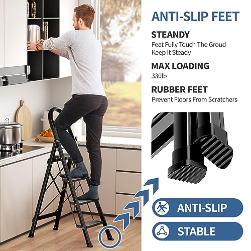 Black Aluminum Folding Step Stool with Handgrip W543649