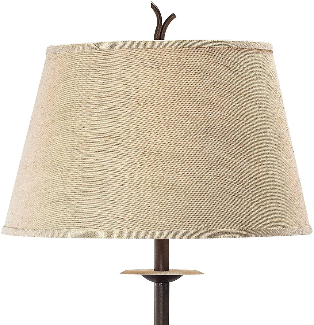 Rustic Farmhouse Floor Lamp with Tray End Table 63.5" Tall Wood Twisted Iron Base Brown Linen Fabric Tapered Drum Shade A599932