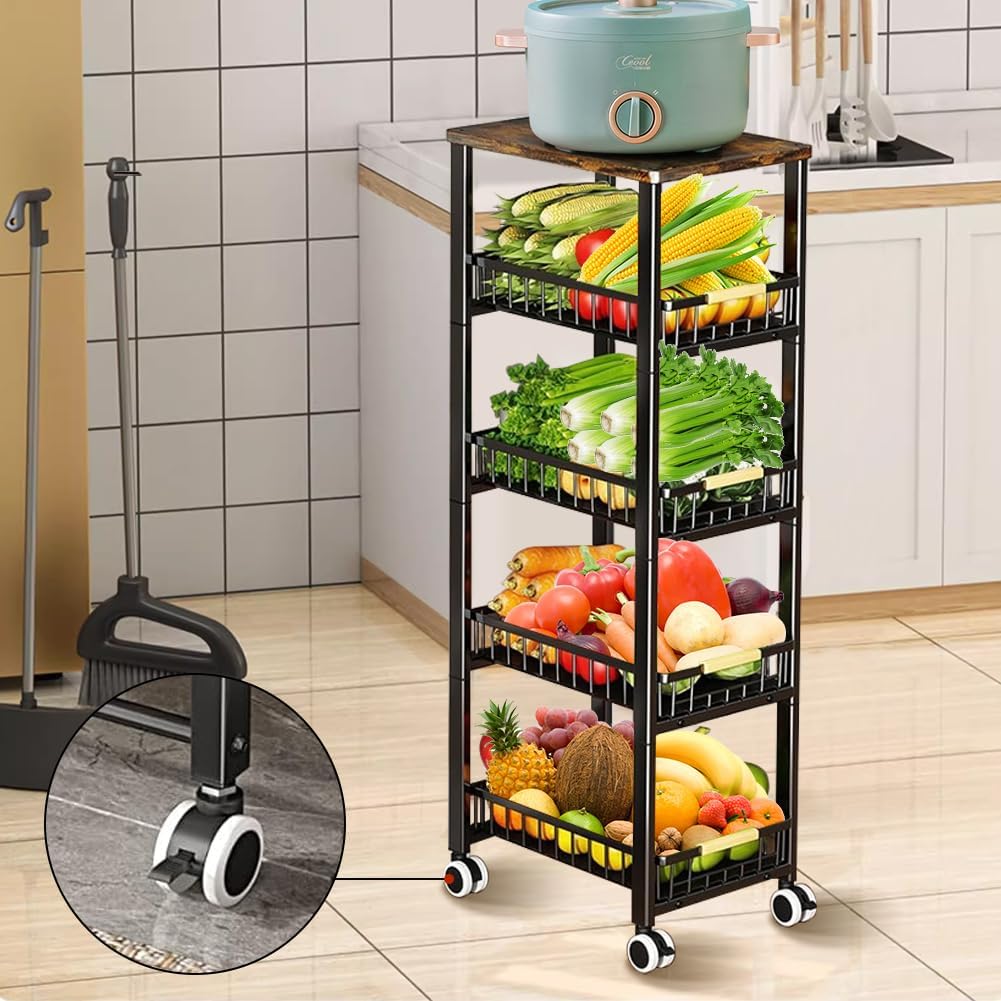 5 Tier Wire Basket with Wood Top and Wheels I273016