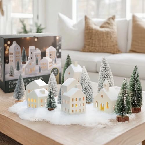 Christmas Village Sets of 5 Ceramic Houses with LED Lights and 9 Trees H372568