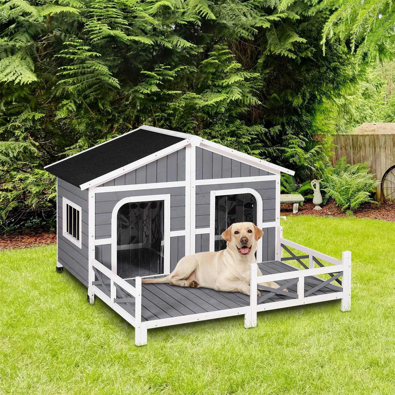 59x64x39 Wood Large Dog House with Porch Deck F80417