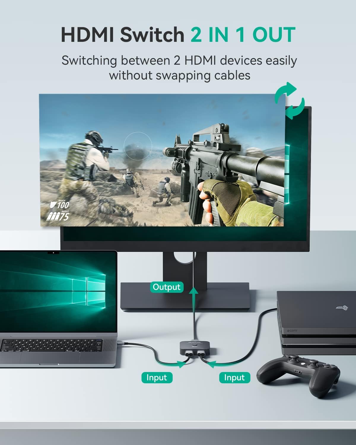 HDMI 2.1 Switch, 8K HDMI Switcher Splitter Bi-Directional 2 in 1 Out, 48Gbps Aluminum Ultra HD HDMI Hub E57329