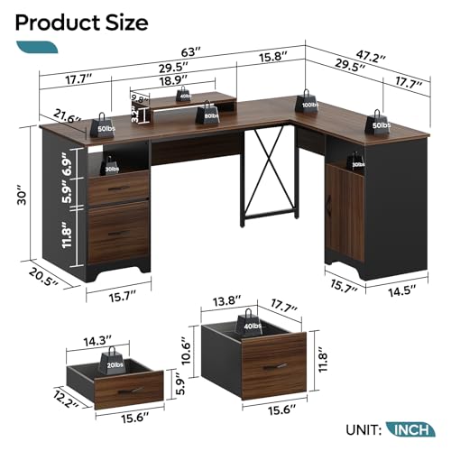 Gray L Shaped Desk with File Drawers, 63" x 47" Corner Desk with Monitor Stand Q241298