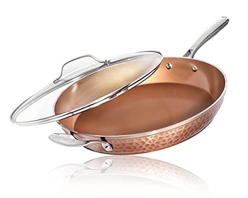 3 Piece Hammered Copper Nonstick Frying Pan Set with Glass Lid Q30655