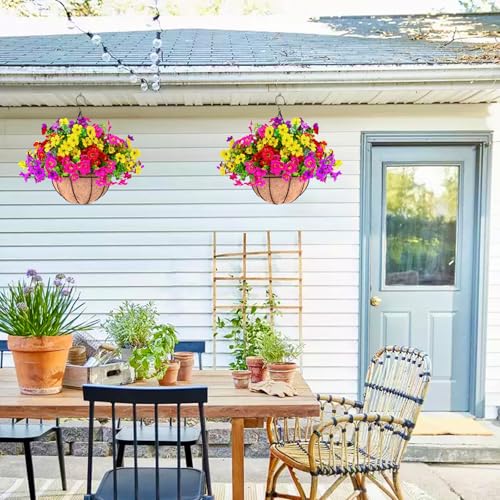 2 Sets Outdoor Artificial Flowers with 12" Hanging Basket, 24 Bunches of Faux Flowers with 2 Hanging Planters Yellow Orange A15404
