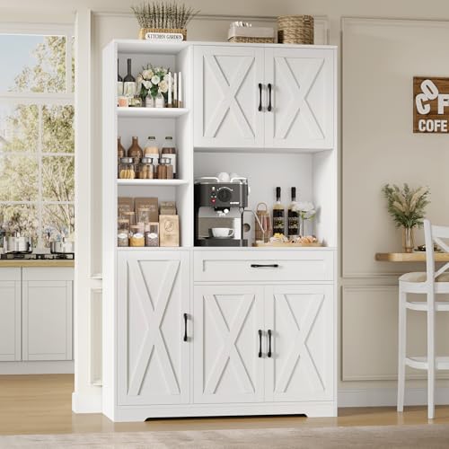 71" Tall Kitchen Pantry Storage Cabinet with Microwave Stand, Barn Doors, Large Drawer and Shelves, Ash Grey Q9326