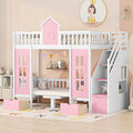 Pink Twin-Over-Twin Bunk Bed with Slide, 2 Drawers, 3 Shelves, Solid Wood A1533