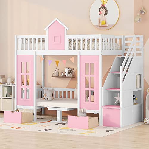 Pink Twin-Over-Twin Bunk Bed with Slide, 2 Drawers, 3 Shelves, Solid Wood A1533