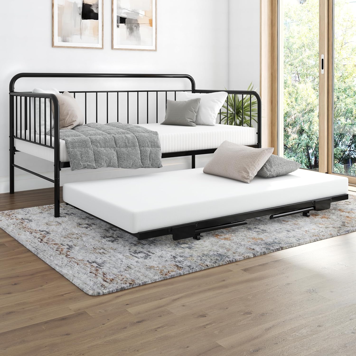 Black Metal Twin Daybed with Pop Up Trundle Bed B83178
