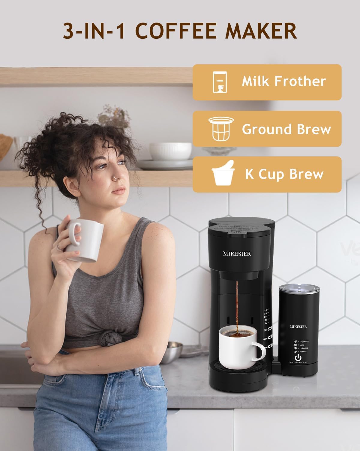 Single Serve Coffee Maker with Milk Frother, 28oz Removable Water Tank T173