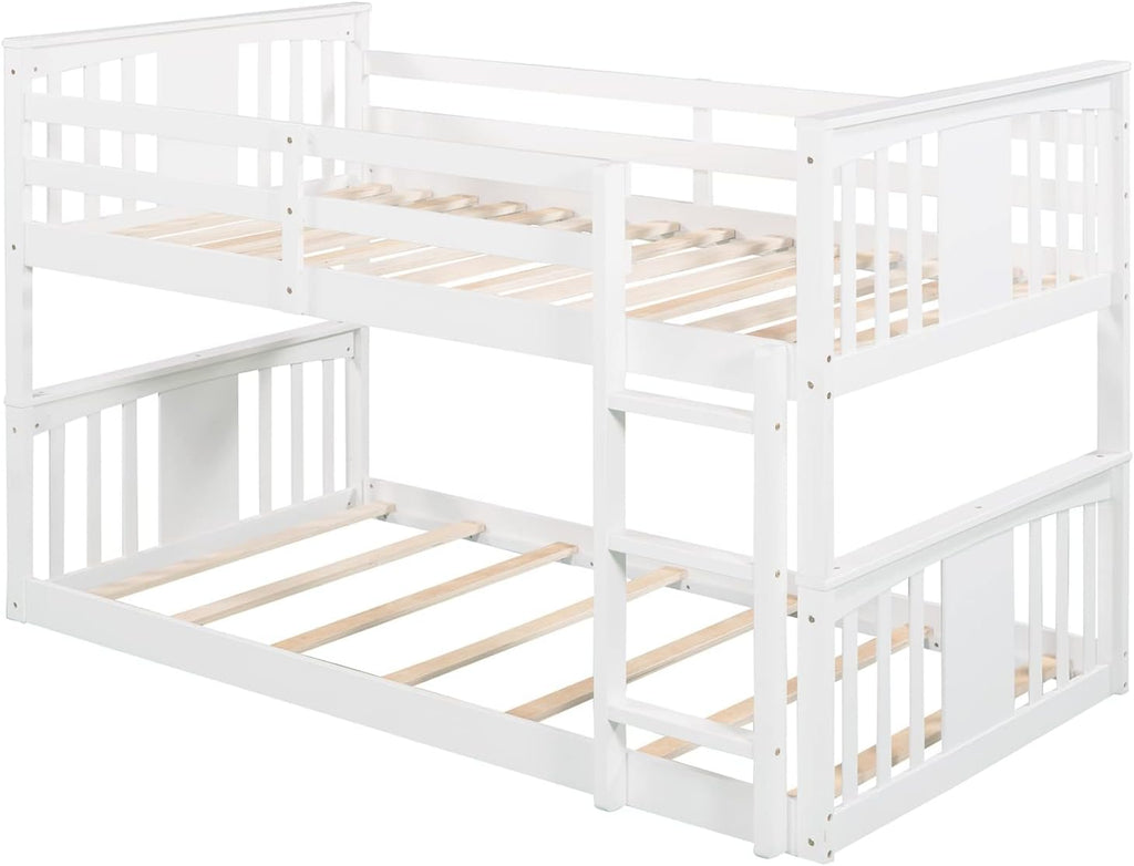 White Twin over Twin Low Bunk Bed Frame Wood Y6234