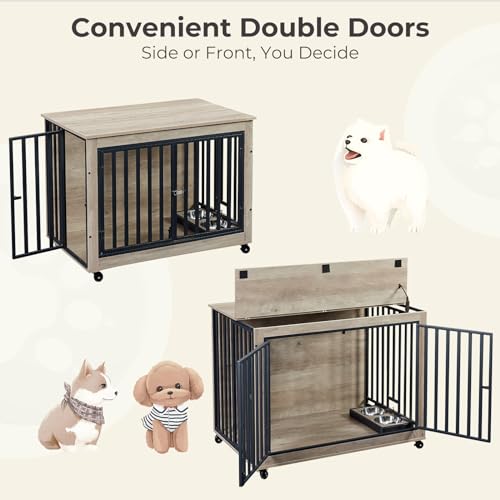 Grey Wooden Dog Crate with Double Doors and Pull-Out Dog Bowls I22260