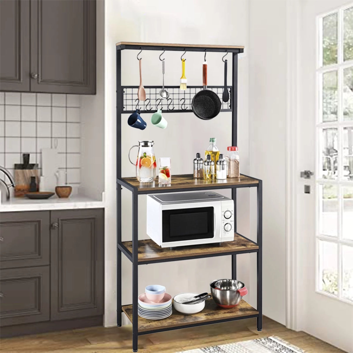 67" Wooden Rustic Brown Bakers Rack with 4 Storage Shelves & 10 Hooks O505