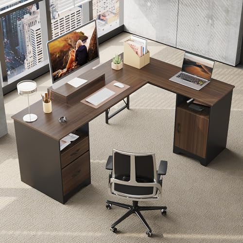 Gray L Shaped Desk with File Drawers, 63" x 47" Corner Desk with Monitor Stand Q241298