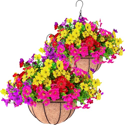 2 Sets Outdoor Artificial Flowers with 12" Hanging Basket, 24 Bunches of Faux Flowers with 2 Hanging Planters Yellow Orange A15404