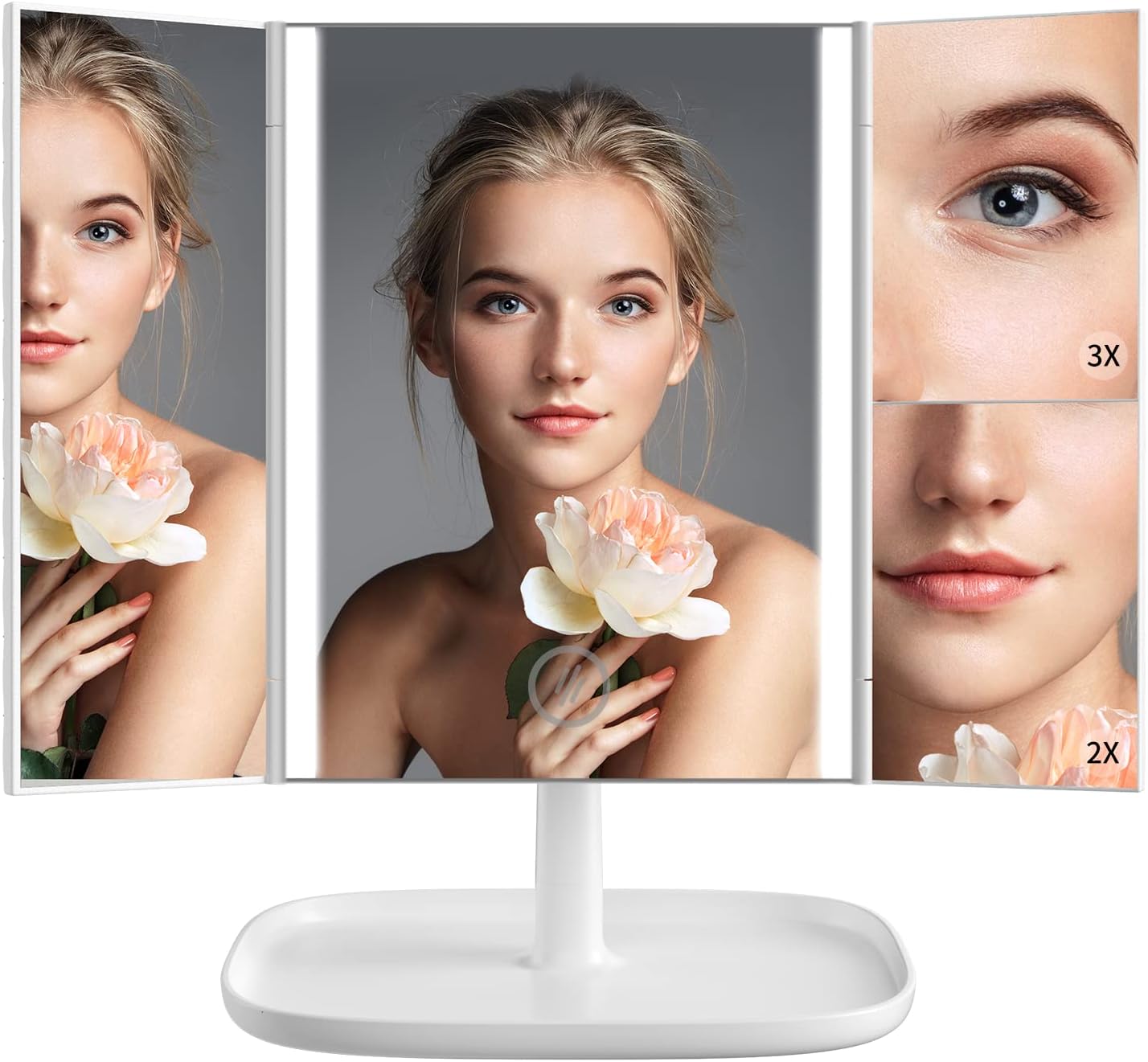 3 Color Lighting Modes 52 LED Trifold Portable Mirror with 1X 2X 3X Magnification J737