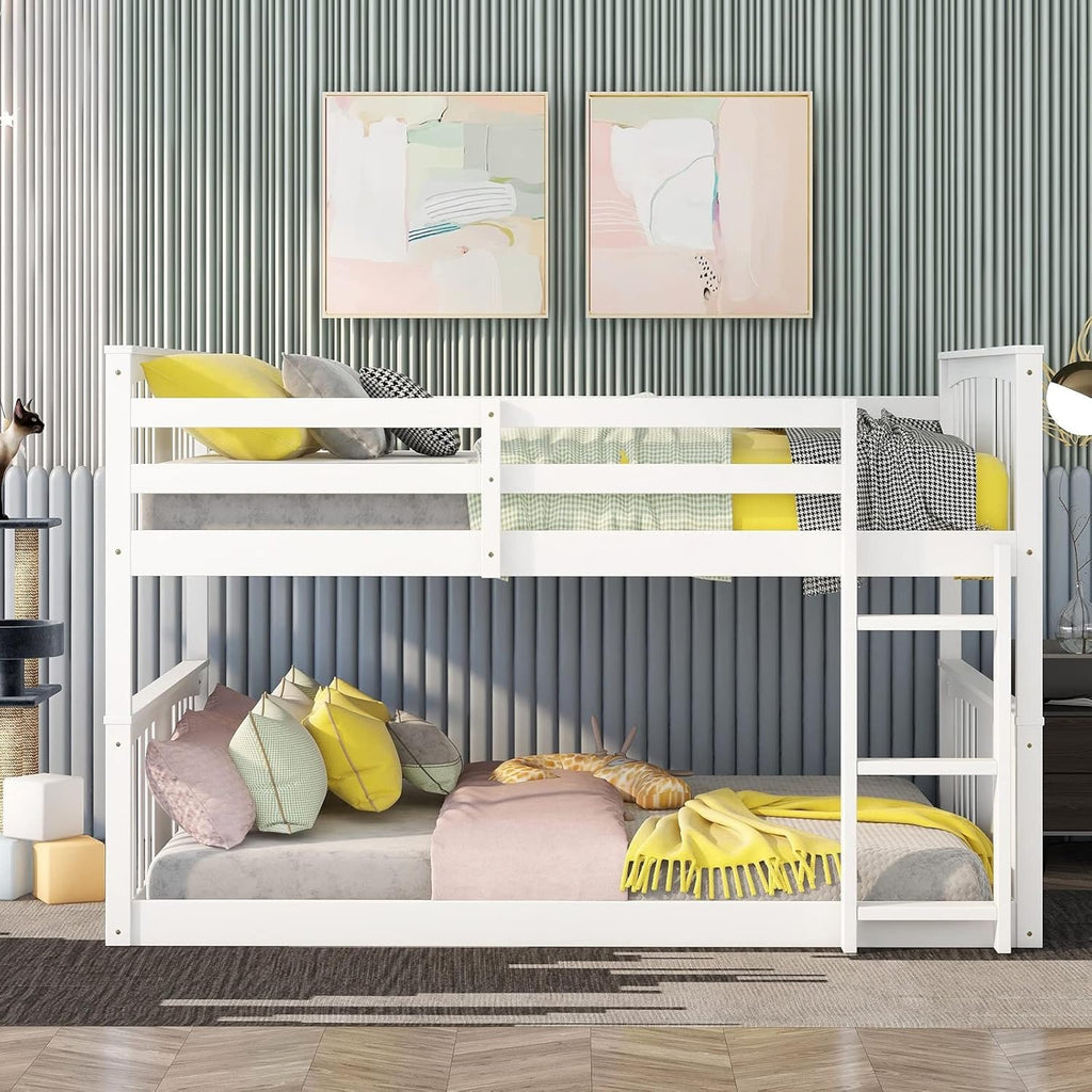 White Twin over Twin Low Bunk Bed Frame Wood Y6234