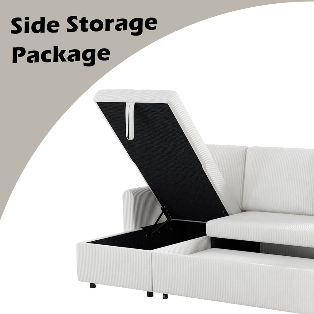 Beige Corduroy L-Shaped Sleeper Sofa with Storage Chaise and 2 Pillows K736398