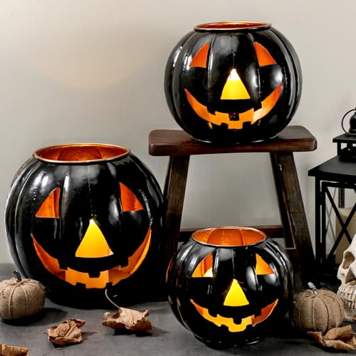 3 Sets Halloween Metal Jack O Lanterns Pumpkin with 3 LED Candles with Black Creepy Cloth Decoration Bundle S307