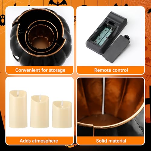 3 Sets Halloween Metal Jack O Lanterns Pumpkin with 3 LED Candles with Black Creepy Cloth Decoration Bundle S307
