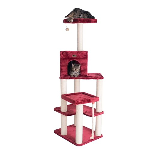 Burgundy Real Wood Cat Tower with Faux Fur J3499