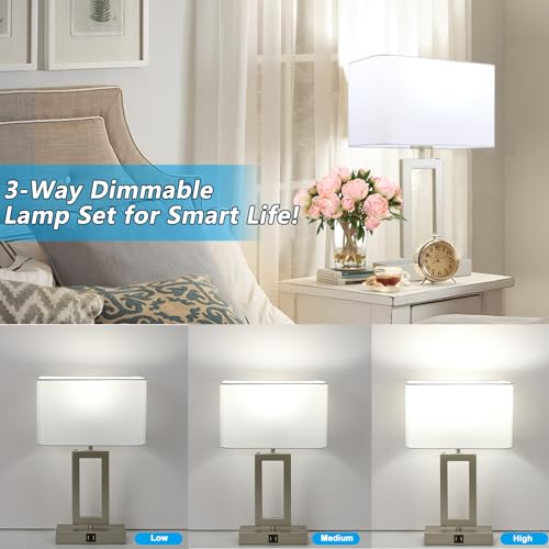 Set of 2 Touch Control Table Lamps with USB Ports, 3-Way Dimmable, Gold and White H6399