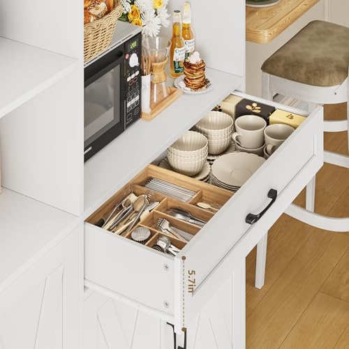 71" Tall Kitchen Pantry Storage Cabinet with Microwave Stand, Barn Doors, Large Drawer and Shelves, Ash Grey Q9326