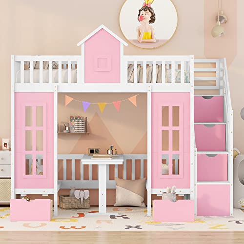 Pink Twin-Over-Twin Bunk Bed with Slide, 2 Drawers, 3 Shelves, Solid Wood A1533