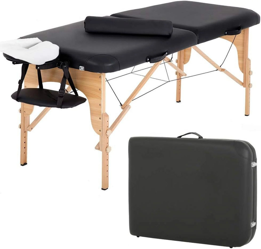 Portable Massage Table 73” L 28”W Height Adjustable with Bolsters Carry Case 2 Fold Black X641619