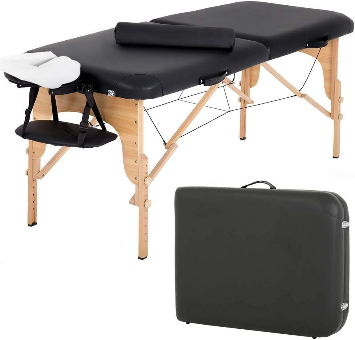 Portable Massage Table 73” L 28”W Height Adjustable with Bolsters Carry Case 2 Fold Black X641619