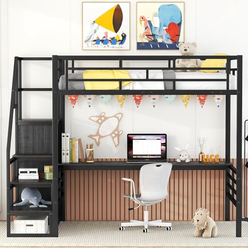 Full Size Metal Loft Bed with Desk and Wardrobe J567724