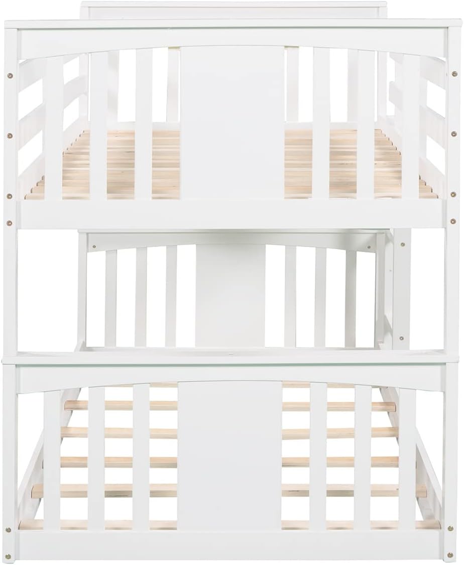 White Twin over Twin Low Bunk Bed Frame Wood Y6234