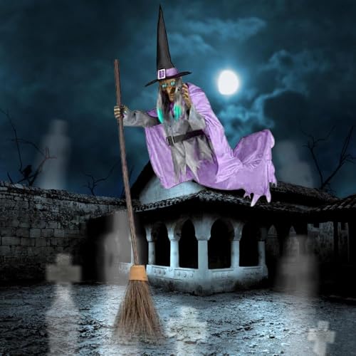 6FT Animated Flying Witch Halloween Decor with Scary Sounds and Lights A300133