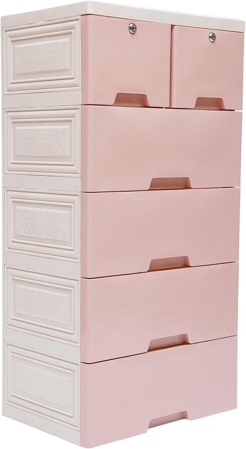 6 Drawers Pink Plastic Dresser with 4 Wheels A55257