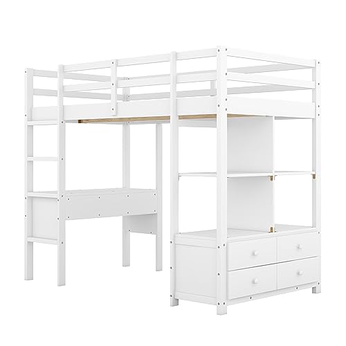 Full Size Solid Wood Loft Bed Frame with Desk and Storage H167