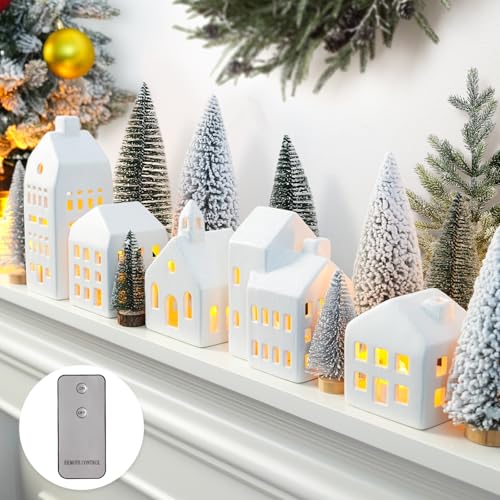 Christmas Village Sets of 5 Ceramic Houses with LED Lights and 9 Trees H372568