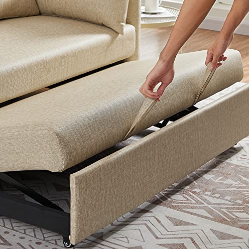 Convertible Sleeper Sofa Bed 57 Inches Velvet 2 Seats with Pull Out Bed Adjustable Backrest 2 Pillows Side Pocket Light Brown K15268