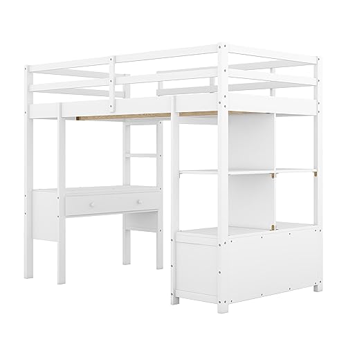 Full Size Solid Wood Loft Bed Frame with Desk and Storage H167