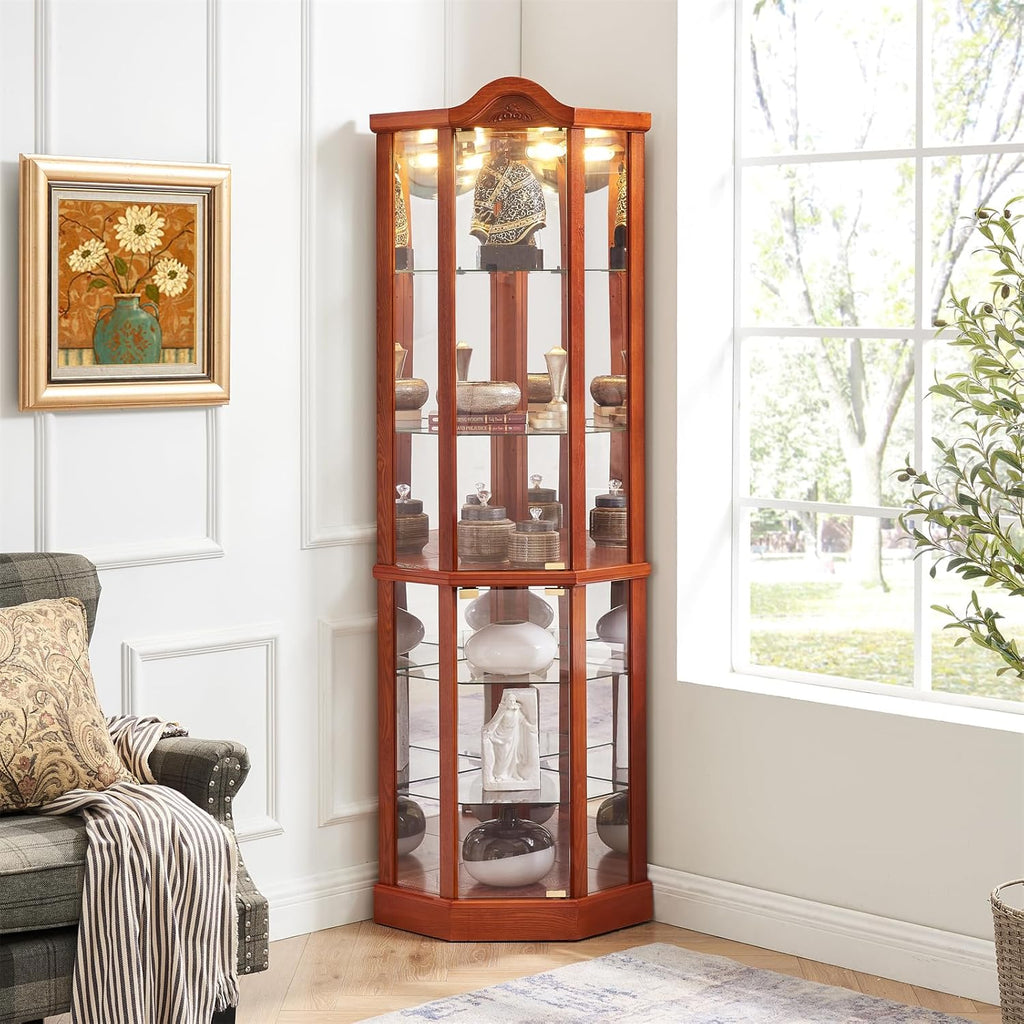 Brown Corner Curio Cabinet with Tempered Glass Doors and Adjustable Shelves D3635